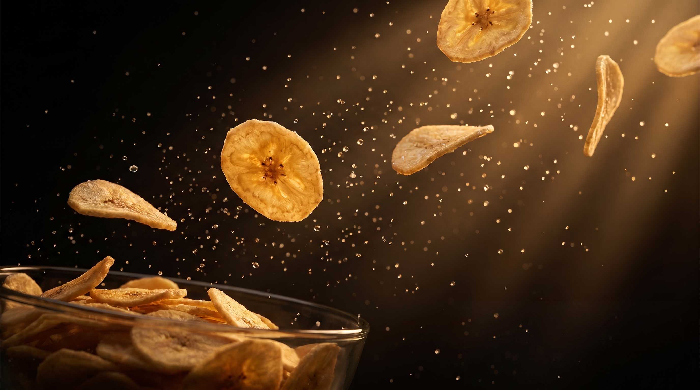 Fine sea salt crystals being dusted and showered over freshly fried golden banana chips